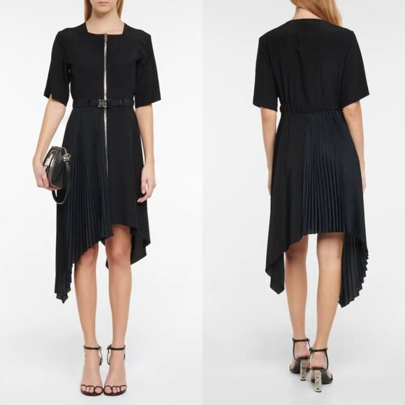 $2255 NWT Givenchy Black SS Zip Front Pleated Silk Midi Dress size 8/FR 40 - Picture 1 of 12